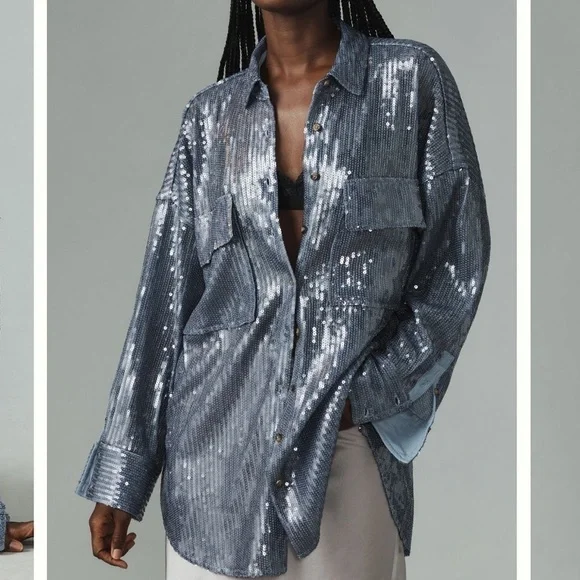 Pilcro- NWT Anthropologie Sequin Blue Button Down Long-sleeve Shirt - Picture 3 of 8